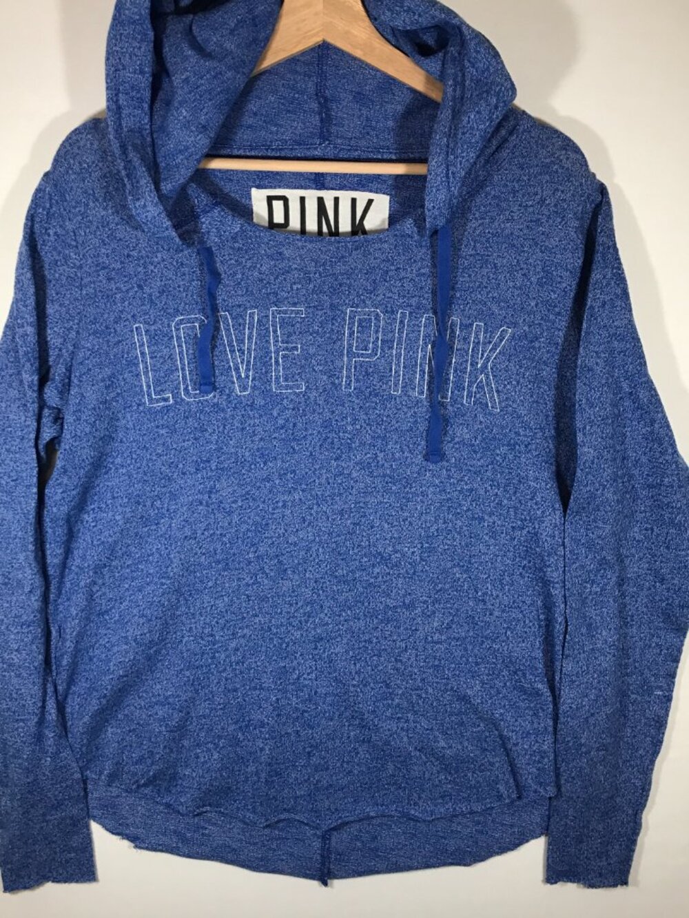 Pink Victoria's Secret Women's Med Blue Long Sleeve Raw Hem & Cuffs Hoodie Top